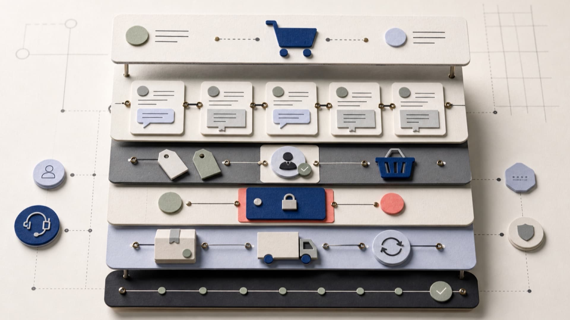 Merchant readiness stack from product feed through cart, scoped payment, fulfillment, and audit evidence