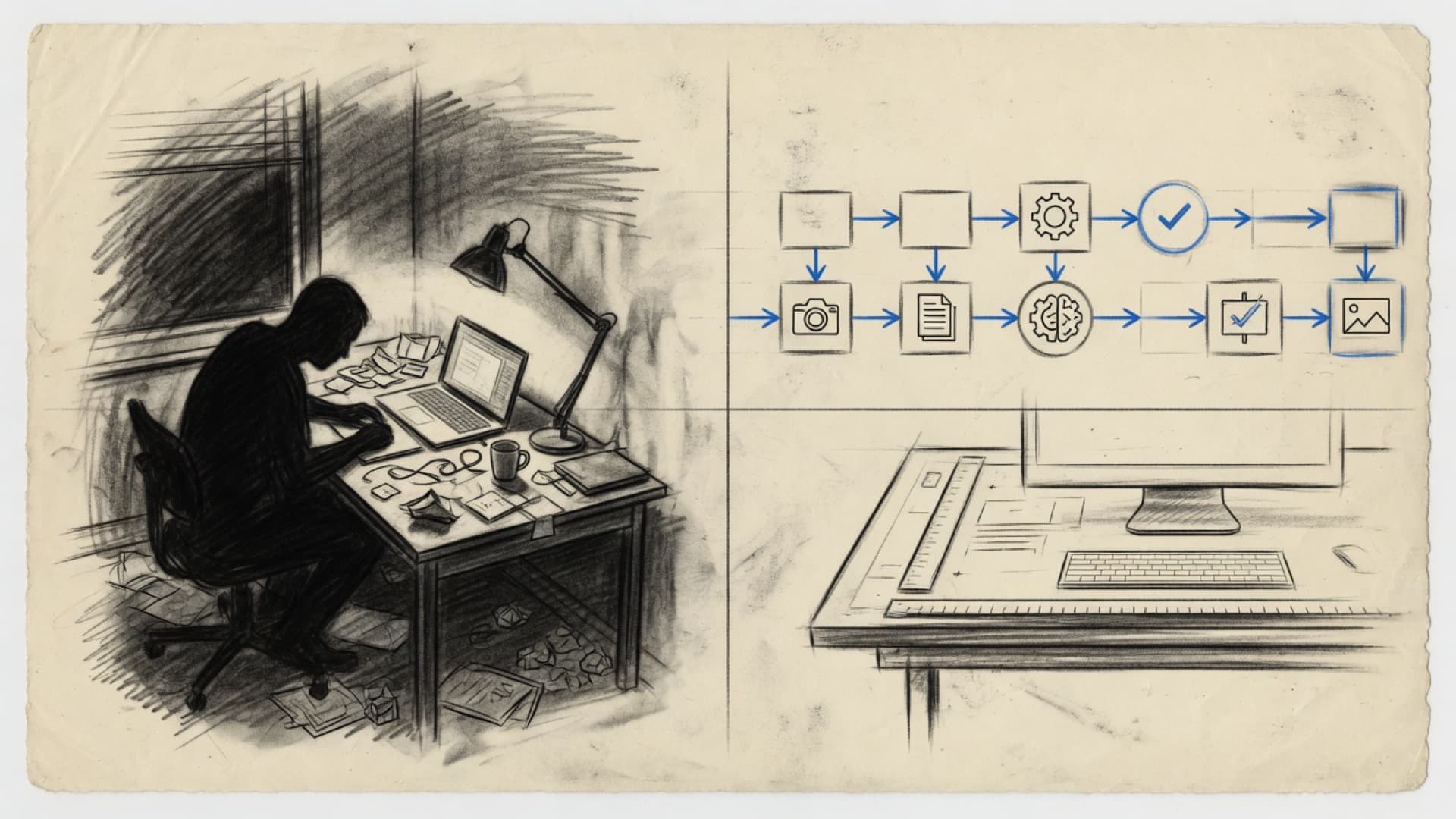 Abstract dual-path diagram for agency versus freelancers