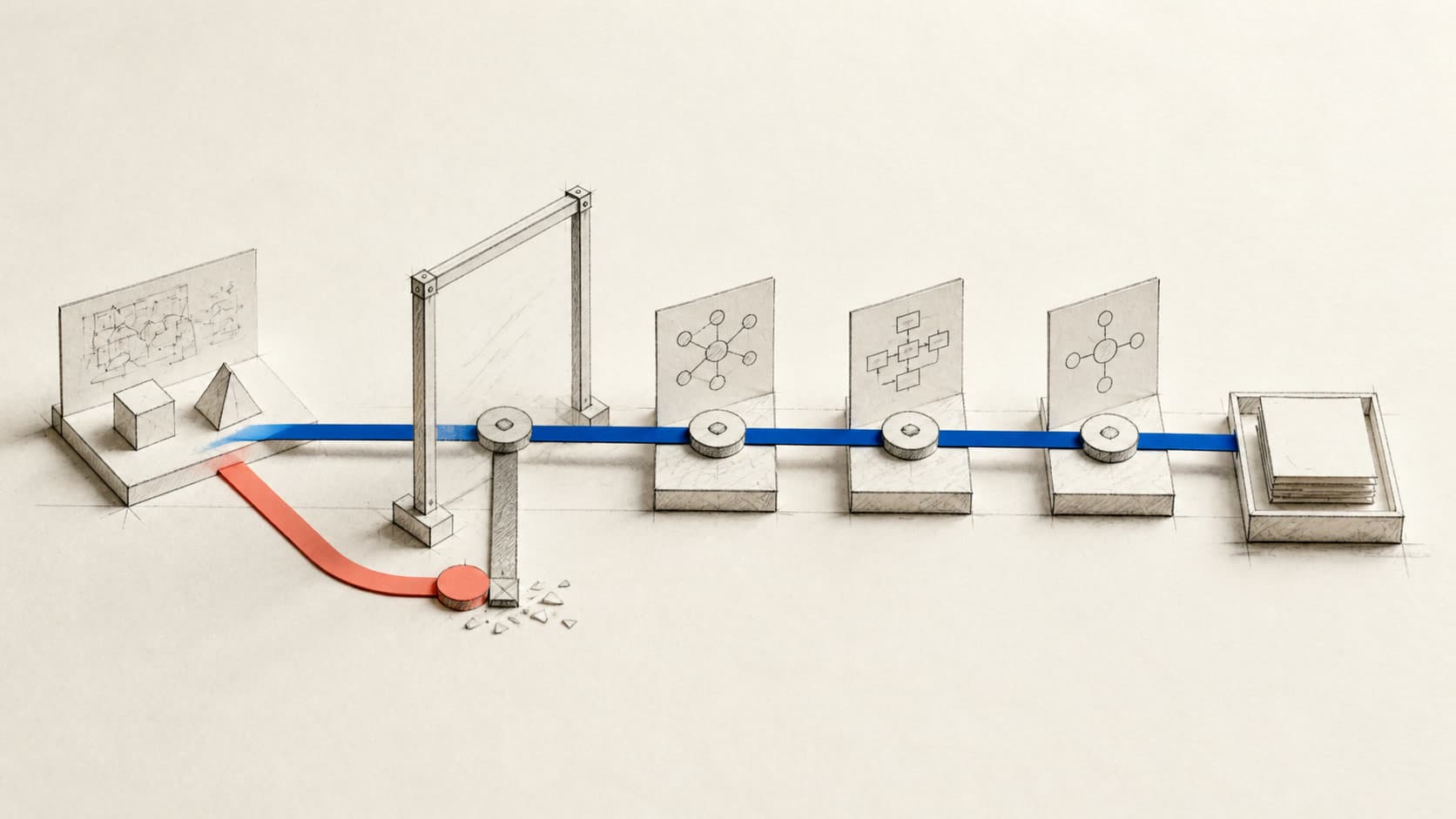 A Dali-blue evaluation path moving from an agency brief through delivery checkpoints while a rejected shortcut exits below the gate