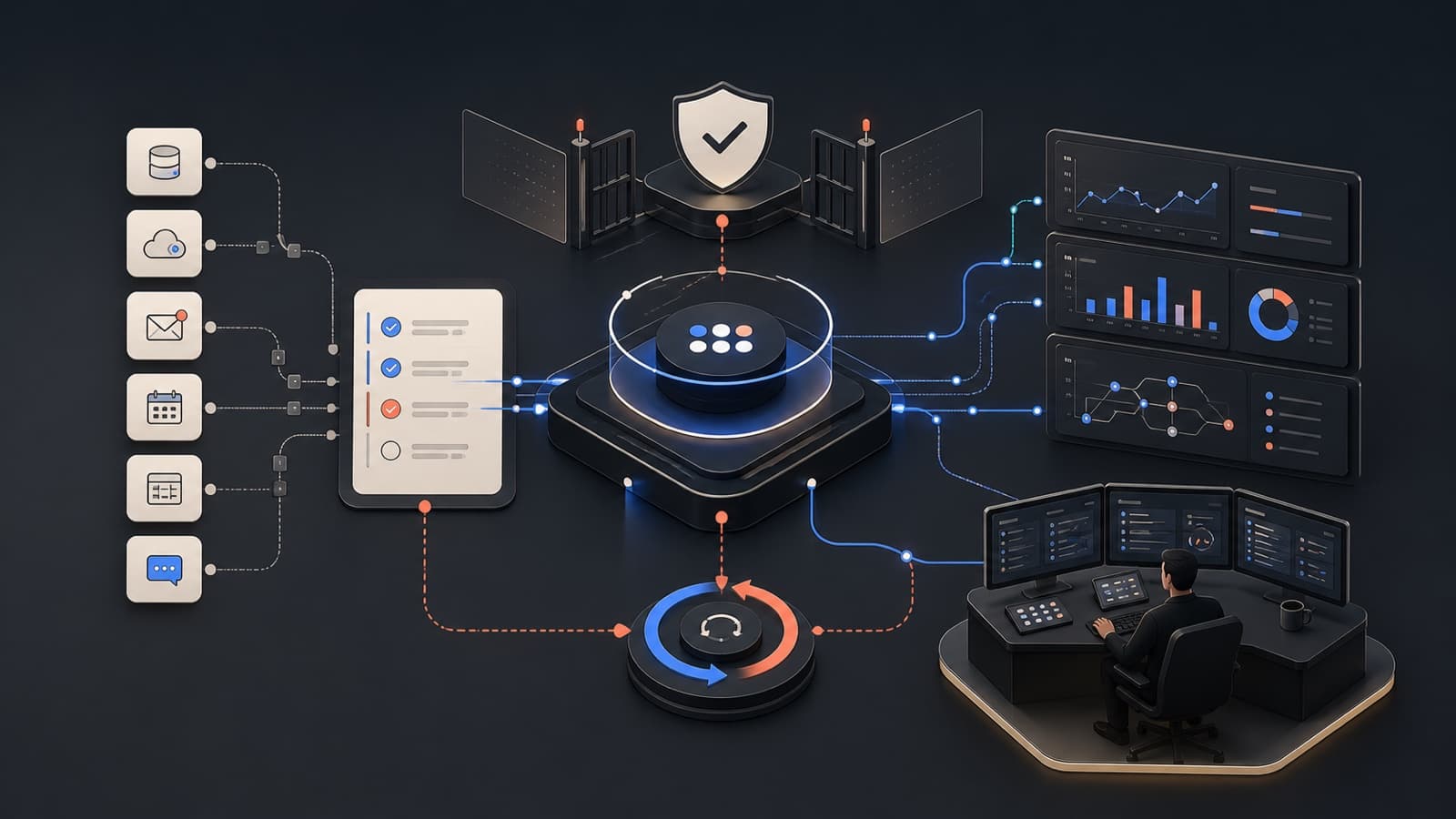 Production AI agent system connecting business tools, approval gates, observability, retries, and a human operator